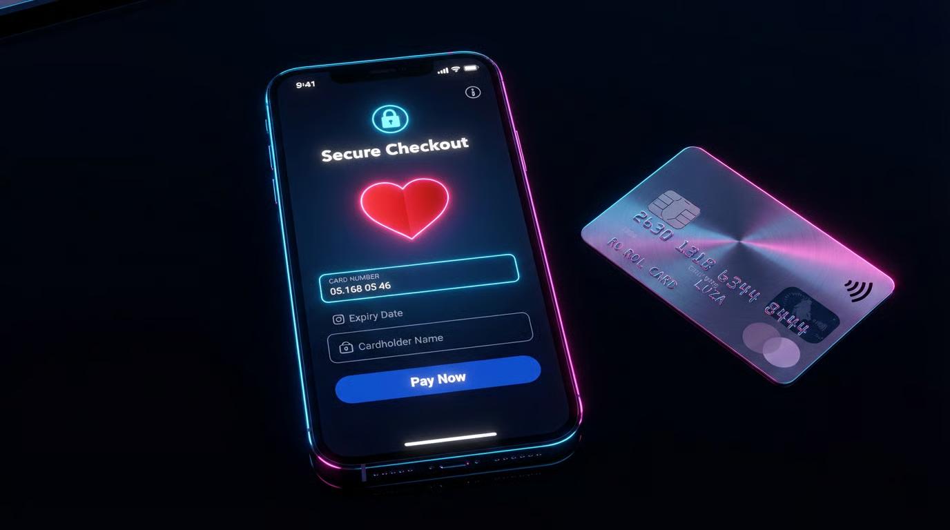 The image displays a smartphone featuring a secure checkout screen that includes a heart icon and a payment card, symbolizing the integration of reliable payment processing for an online dating platform. This setup highlights the importance of secure payment solutions in the online dating industry, ensuring user data protection during transactions.