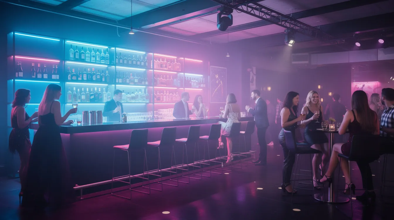 The image depicts the interior of a modern nightclub, featuring vibrant neon lighting and a sleek bar counter where guests are socializing and enjoying the lively atmosphere. The dynamic ambiance is enhanced by the sounds of music and laughter, creating a vibrant customer experience.