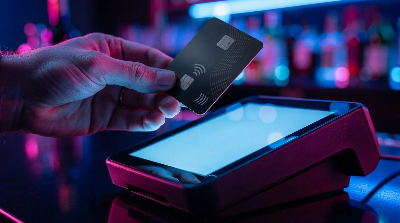 A close-up image shows a contactless card being tapped on a POS terminal at a bar, highlighting the payment processing involved in the transaction. The scene captures the interaction between the cardholder and the merchant, emphasizing the convenience of card payments in a social setting.