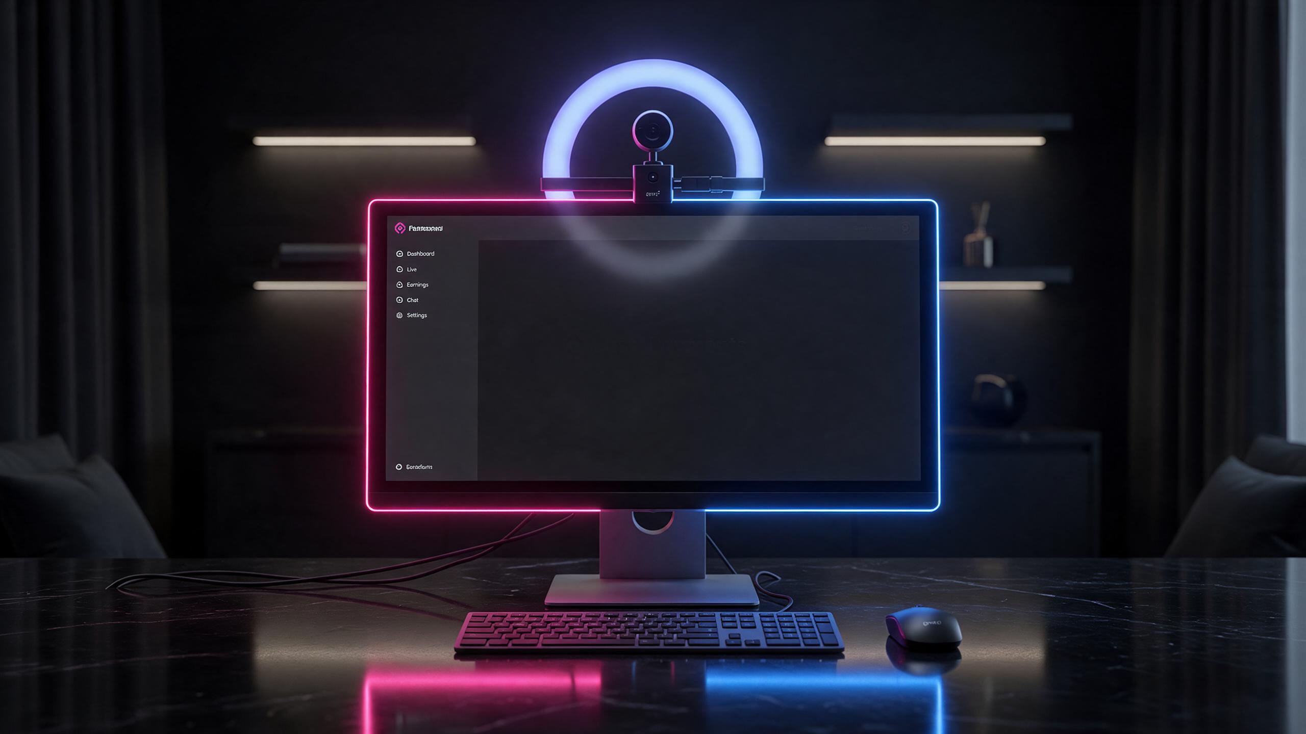 A webcam and ring light set up on a desk